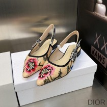 J''Adior Slingback Ballerina Flats Women Petites Fleurs Motif Cotton Khaki - Christian Dior Outlet