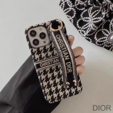 Dior iPhone Case with Wrist Strap Macro Houndstooth Embroidery Black - Christian Dior Outlet