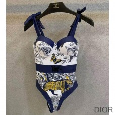 Dior Tie Shoulder Swimsuit Women Tiger Butterfly Print with Logo Lycra Blue - Christian Dior Outlet