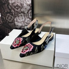 J''Adior Slingback Ballerina Flats Women Petites Fleurs Motif Cotton Black - Christian Dior Outlet
