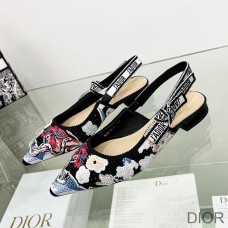 J''Adior Slingback Ballerina Flats Women Toile de Jouy Pop Motif Cotton with Beads and Strass Black - Christian Dior Outlet