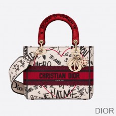 Medium Lady D - lite Bag Dioramour Graffiti Motif Canvas White - Christian Dior Outlet